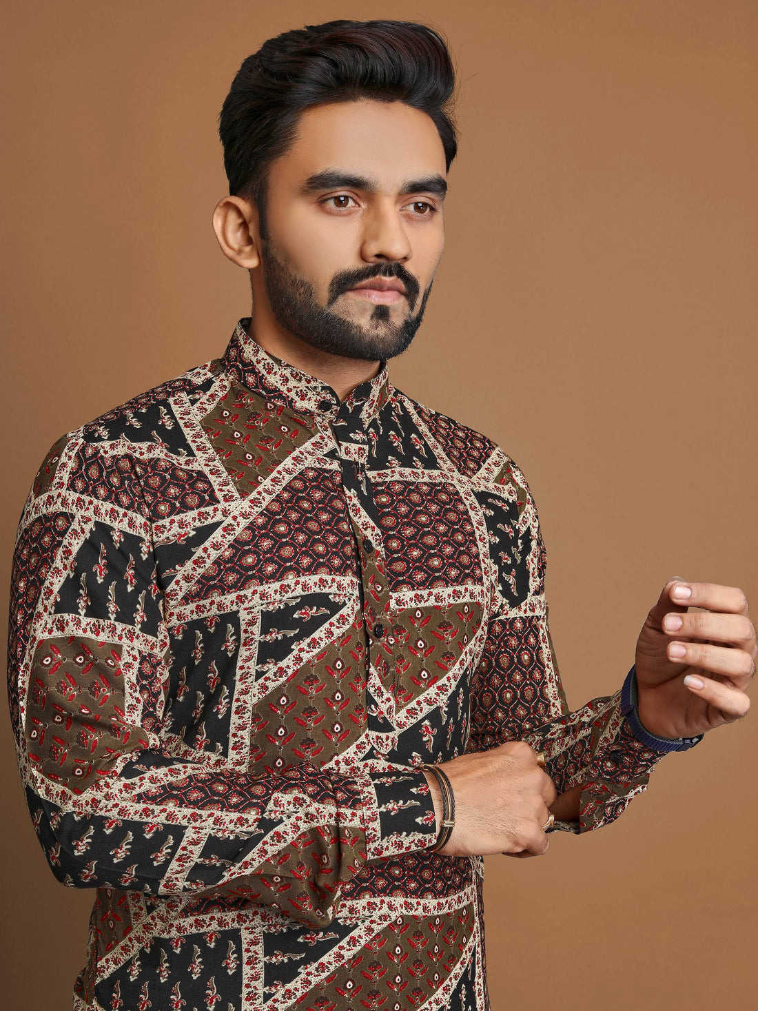 PREMIUM SOFT COTTON FOIL PRINT KURTA FOR MEN'S + PAJAMA (BROWN)
