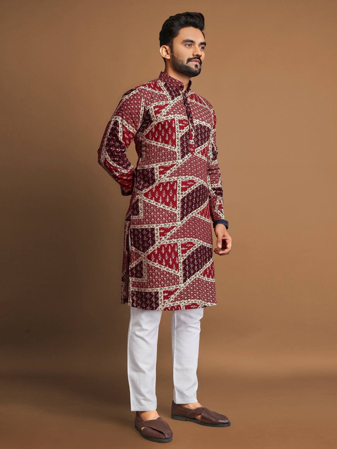 PREMIUM SOFT COTTON FOIL PRINT KURTA FOR MEN'S + PAJAMA (RED - MULTI COLOR)