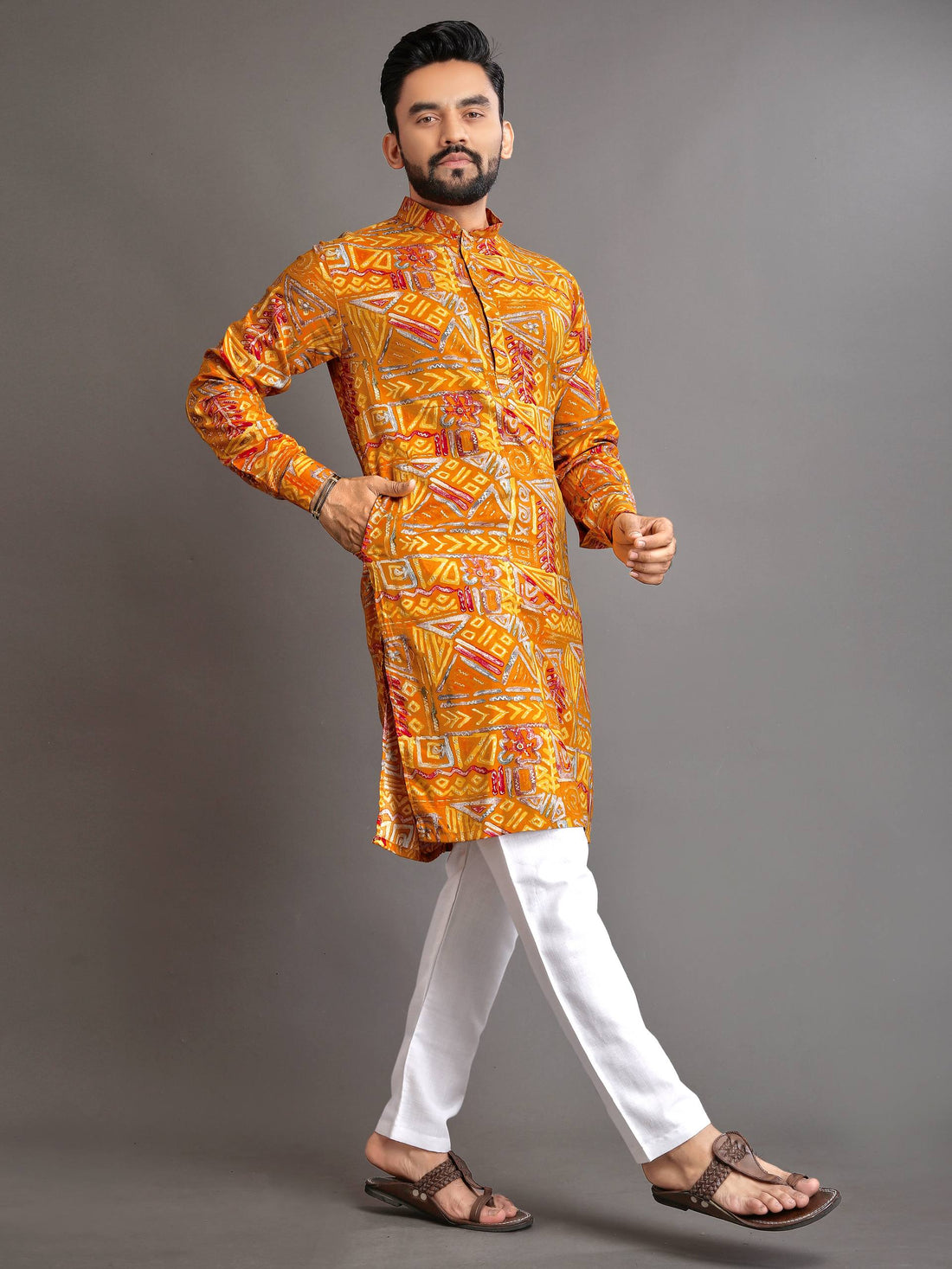 PREMIUM SOFT COTTON FOIL PRINT KURTA FOR MEN'S + PAJAMA (YELLOW - MULTI COLOR)