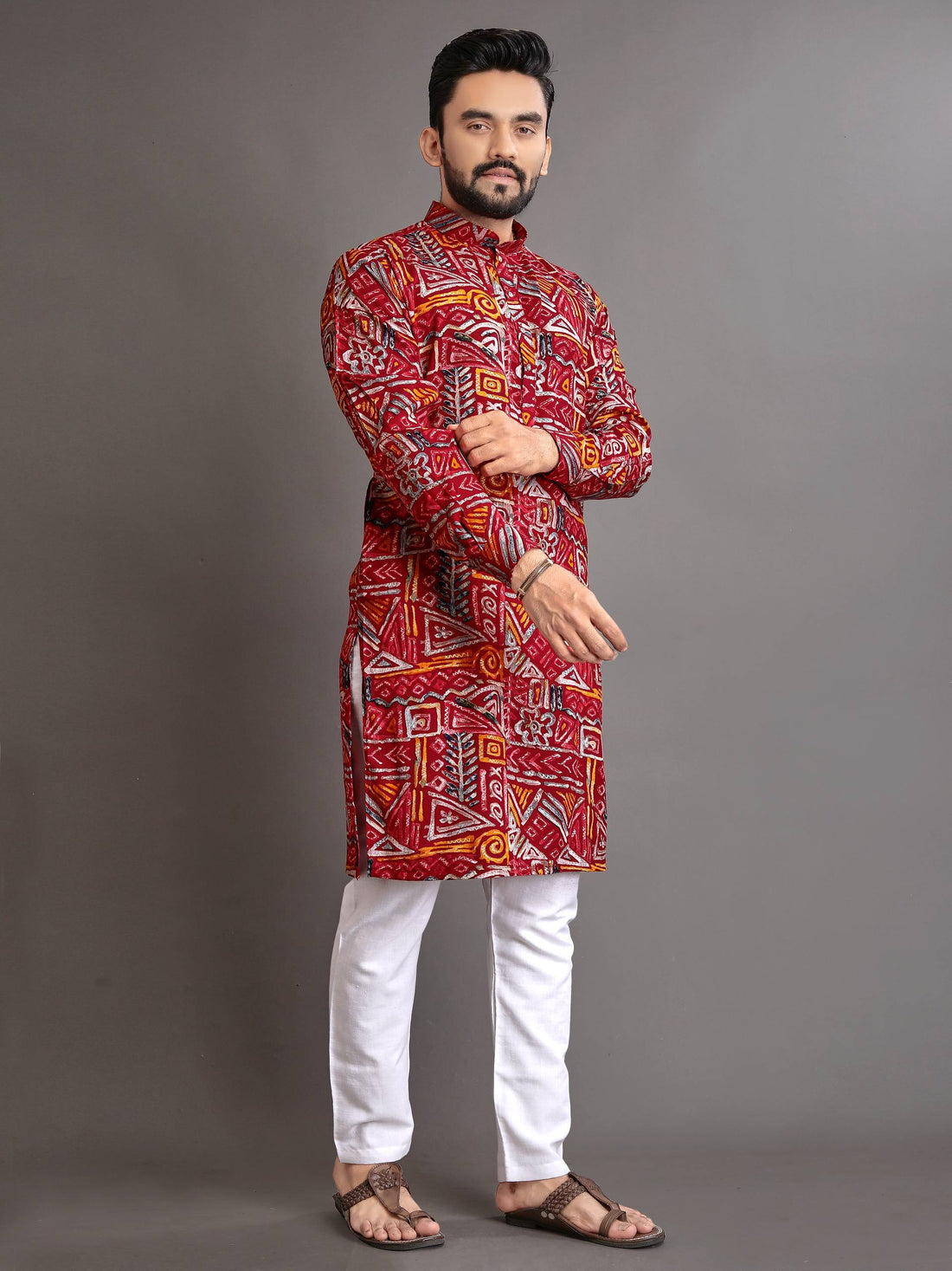 PREMIUM SOFT COTTON FOIL PRINT KURTA FOR MEN'S + PAJAMA (RED)